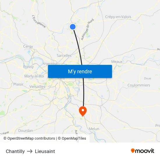 Chantilly to Lieusaint map
