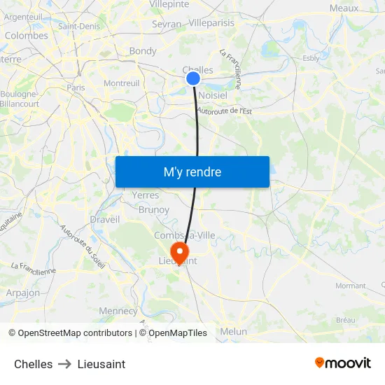 Chelles to Lieusaint map