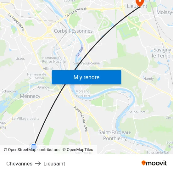 Chevannes to Lieusaint map
