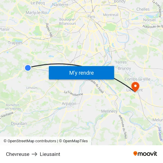 Chevreuse to Lieusaint map