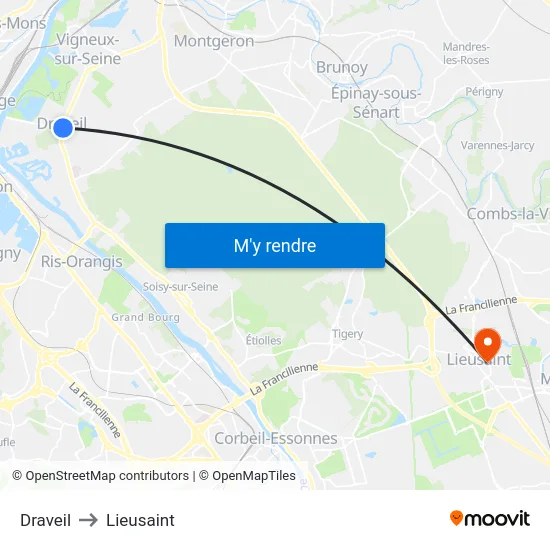 Draveil to Lieusaint map