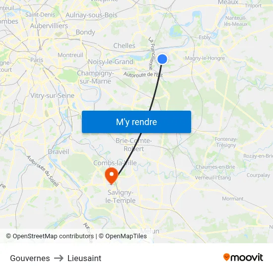 Gouvernes to Lieusaint map
