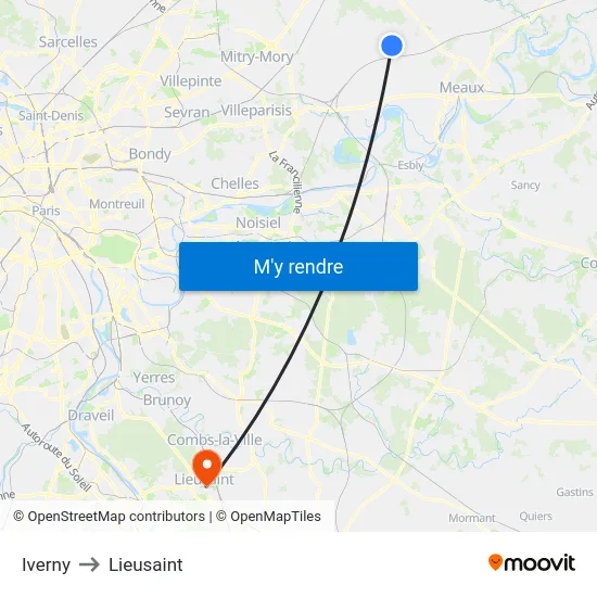Iverny to Lieusaint map