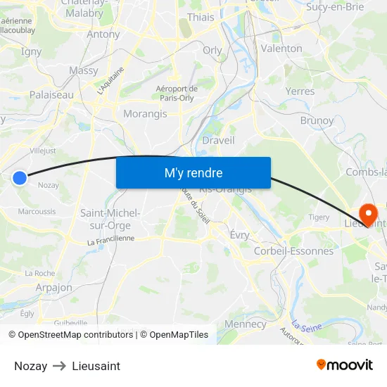 Nozay to Lieusaint map