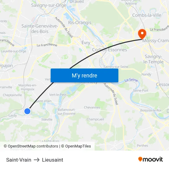 Saint-Vrain to Lieusaint map