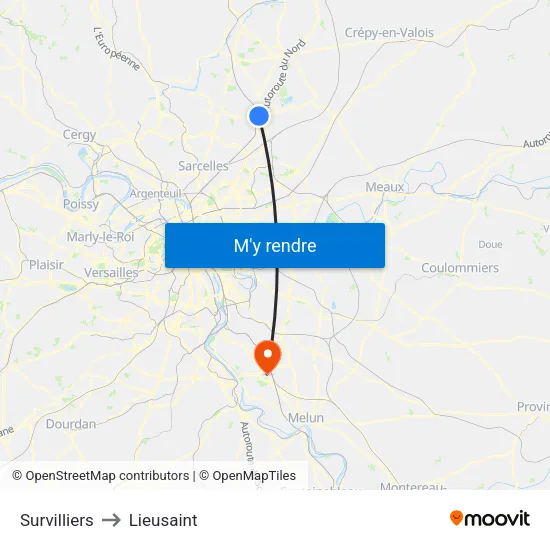 Survilliers to Lieusaint map