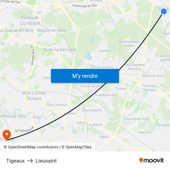 Tigeaux to Lieusaint map