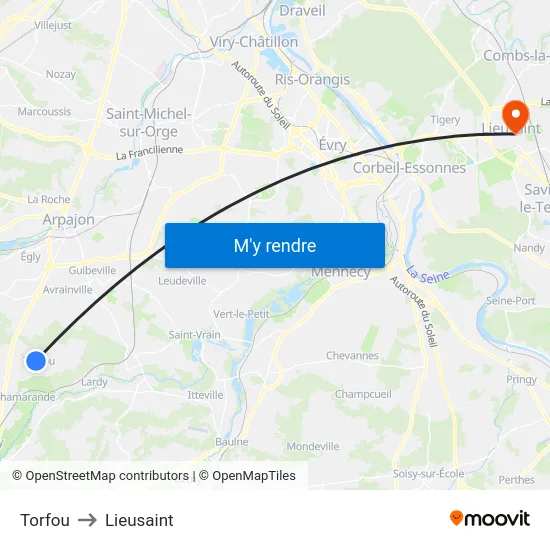 Torfou to Lieusaint map