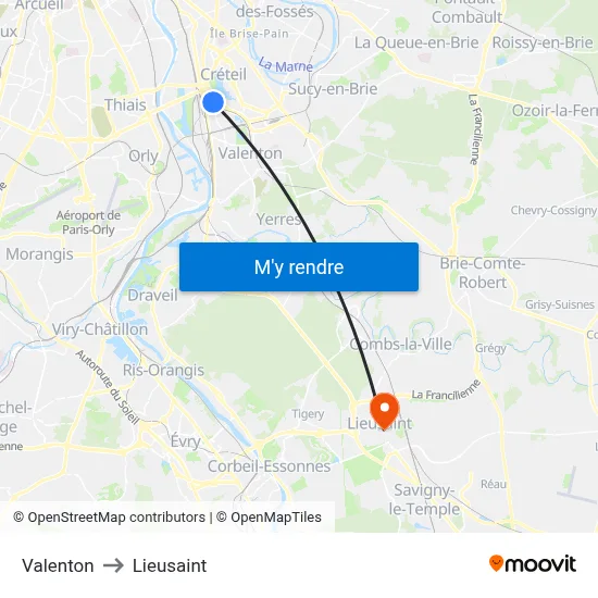 Valenton to Lieusaint map