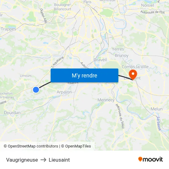 Vaugrigneuse to Lieusaint map