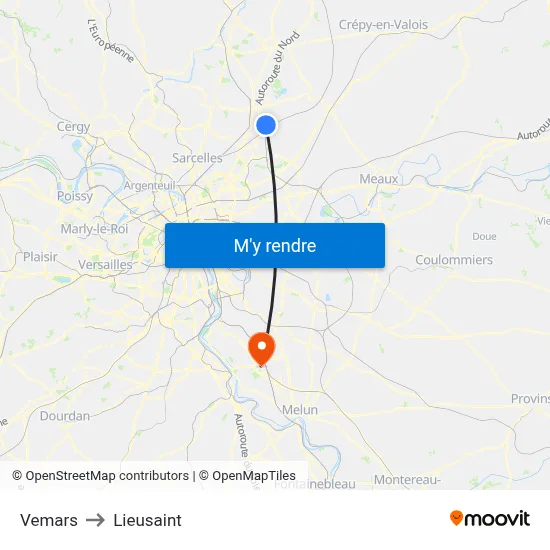 Vemars to Lieusaint map