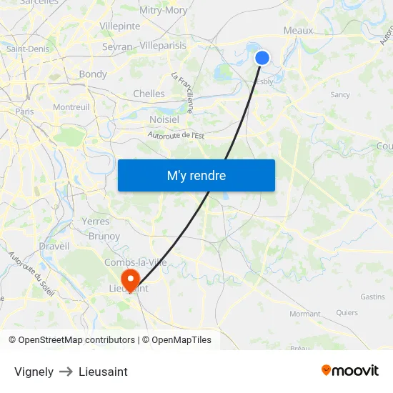 Vignely to Lieusaint map