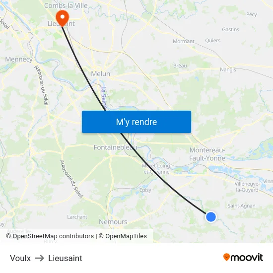 Voulx to Lieusaint map