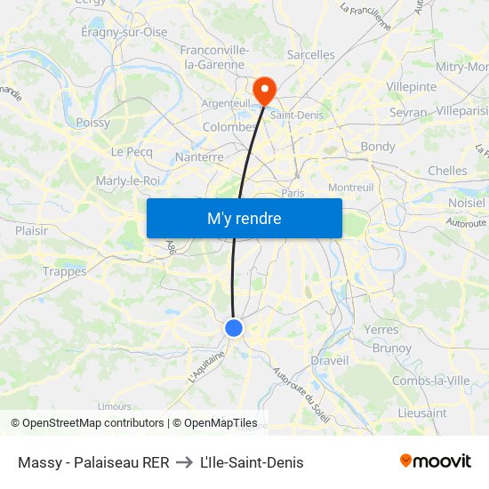 Massy - Palaiseau RER to L'Ile-Saint-Denis map