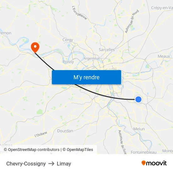 Chevry-Cossigny to Limay map