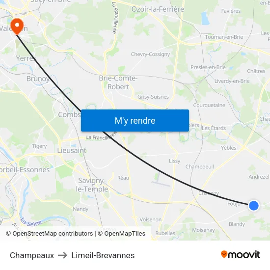 Champeaux to Limeil-Brevannes map