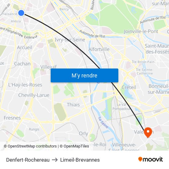 Denfert-Rochereau to Limeil-Brevannes map
