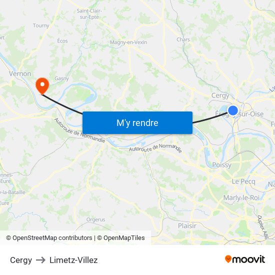 Cergy to Limetz-Villez map