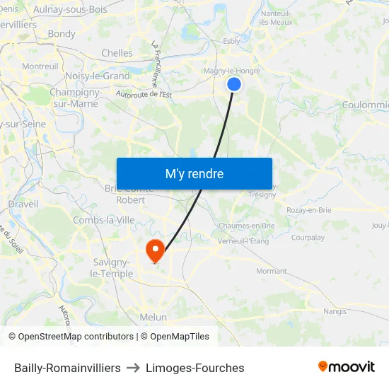 Bailly-Romainvilliers to Limoges-Fourches map