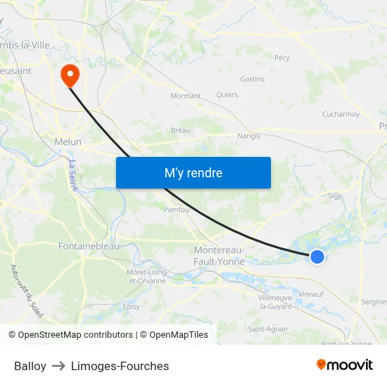 Balloy to Limoges-Fourches map