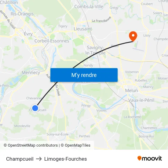 Champcueil to Limoges-Fourches map