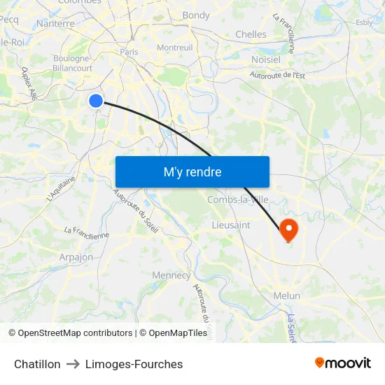Chatillon to Limoges-Fourches map