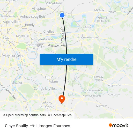 Claye-Souilly to Limoges-Fourches map