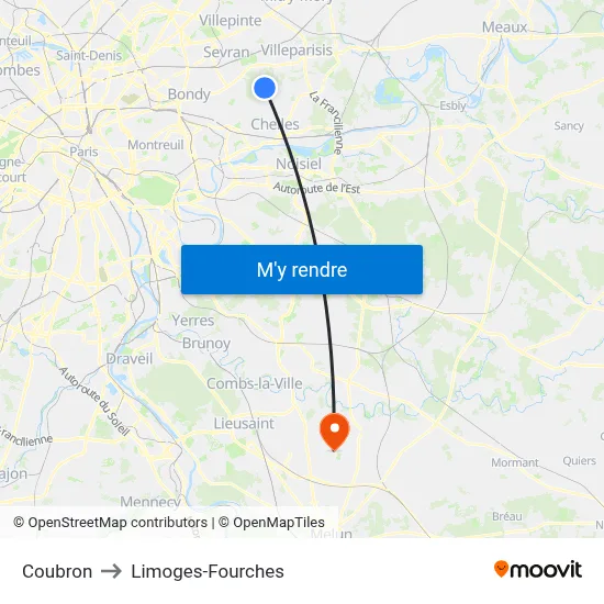 Coubron to Limoges-Fourches map