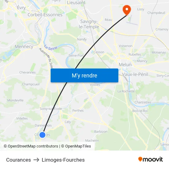 Courances to Limoges-Fourches map
