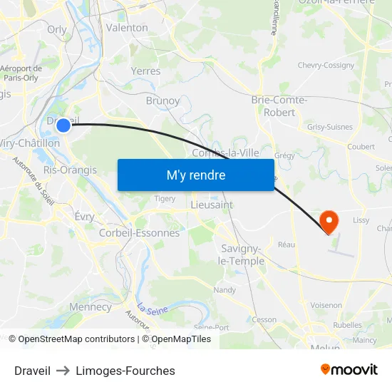 Draveil to Limoges-Fourches map
