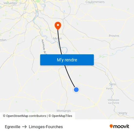 Egreville to Limoges-Fourches map