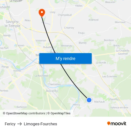 Fericy to Limoges-Fourches map