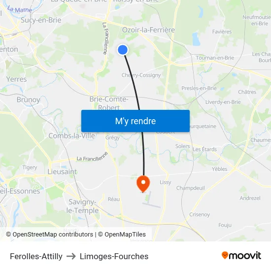 Ferolles-Attilly to Limoges-Fourches map