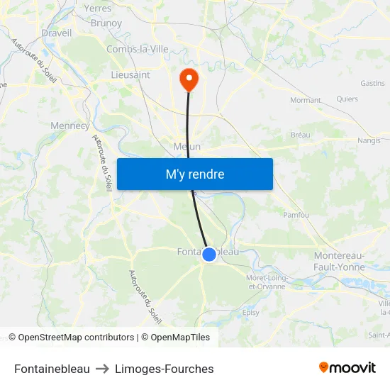 Fontainebleau to Limoges-Fourches map