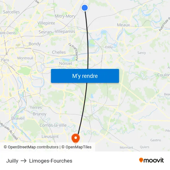 Juilly to Limoges-Fourches map