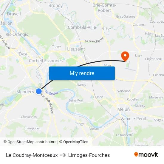 Le Coudray-Montceaux to Limoges-Fourches map
