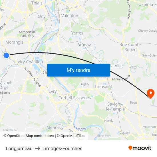 Longjumeau to Limoges-Fourches map