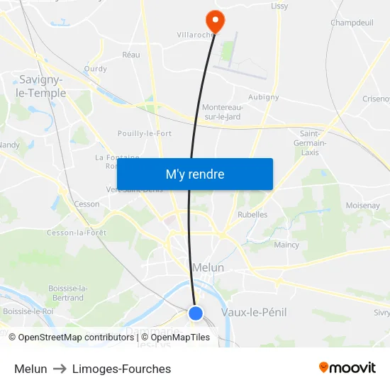 Melun to Limoges-Fourches map