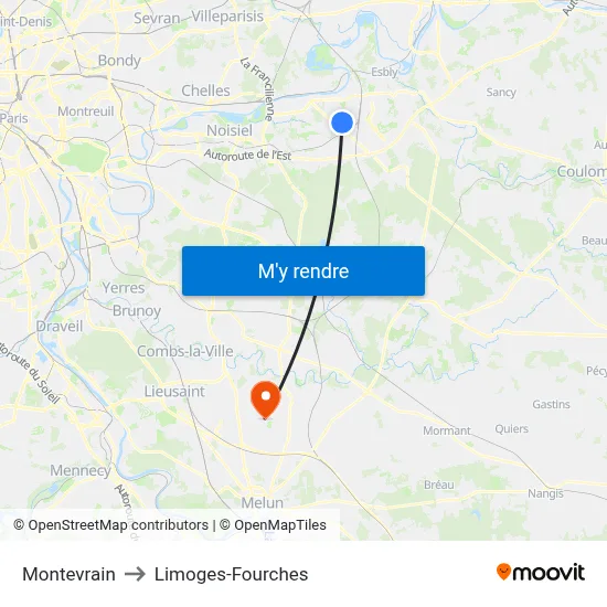 Montevrain to Limoges-Fourches map