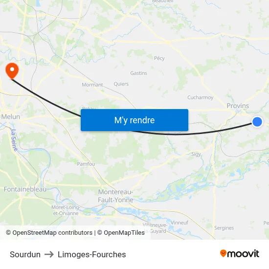 Sourdun to Limoges-Fourches map