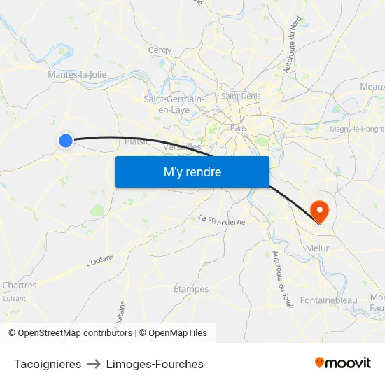 Tacoignieres to Limoges-Fourches map