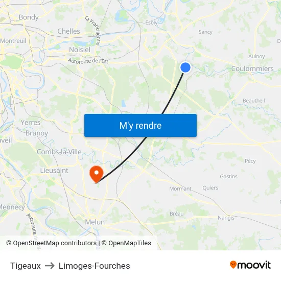 Tigeaux to Limoges-Fourches map