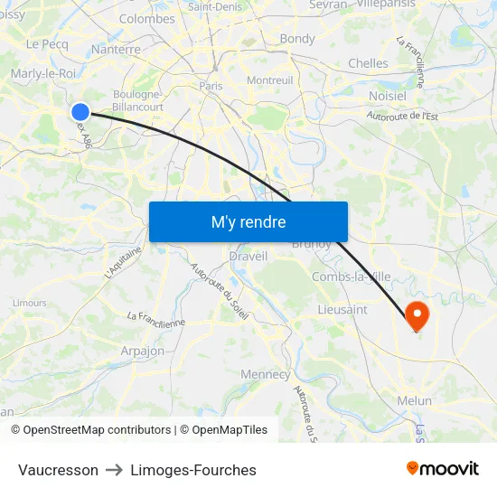 Vaucresson to Limoges-Fourches map