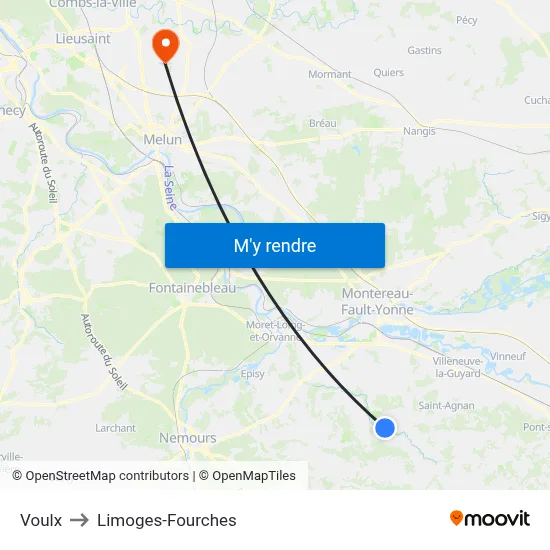 Voulx to Limoges-Fourches map