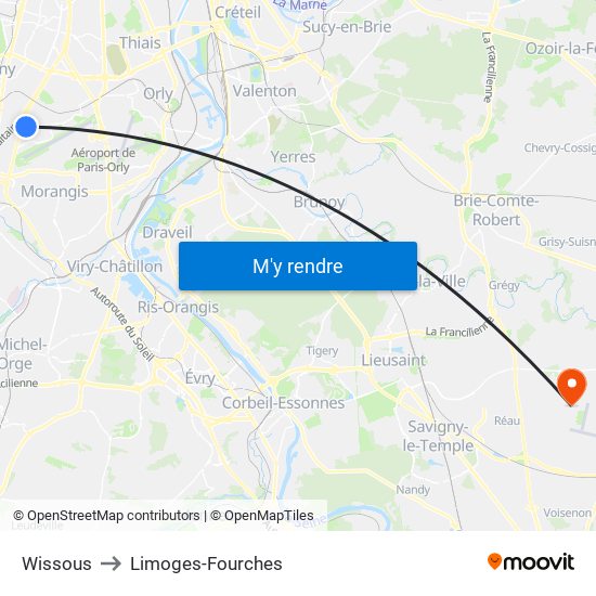 Wissous to Limoges-Fourches map