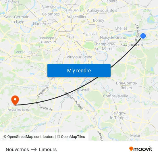 Gouvernes to Limours map