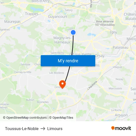 Toussus-Le-Noble to Limours map