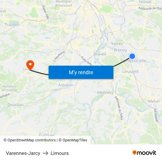 Varennes-Jarcy to Limours map