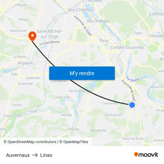 Auvernaux to Linas map