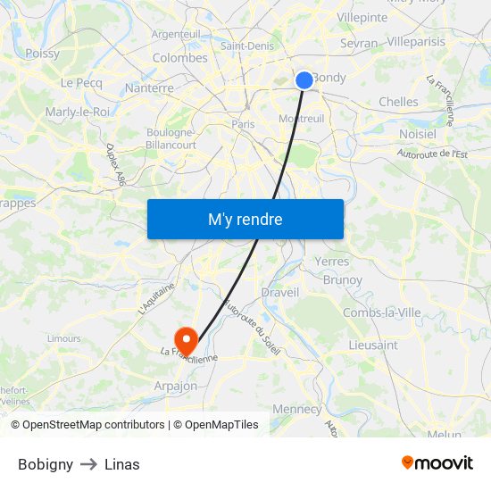 Bobigny to Linas map